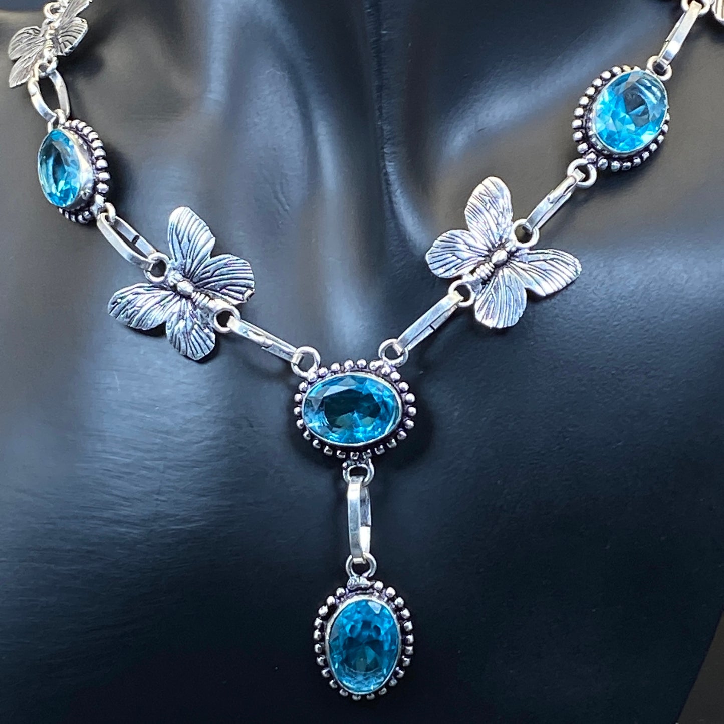 .925 Sterling Silver Swiss Blue Topaz Butterfly Necklace - 54cm