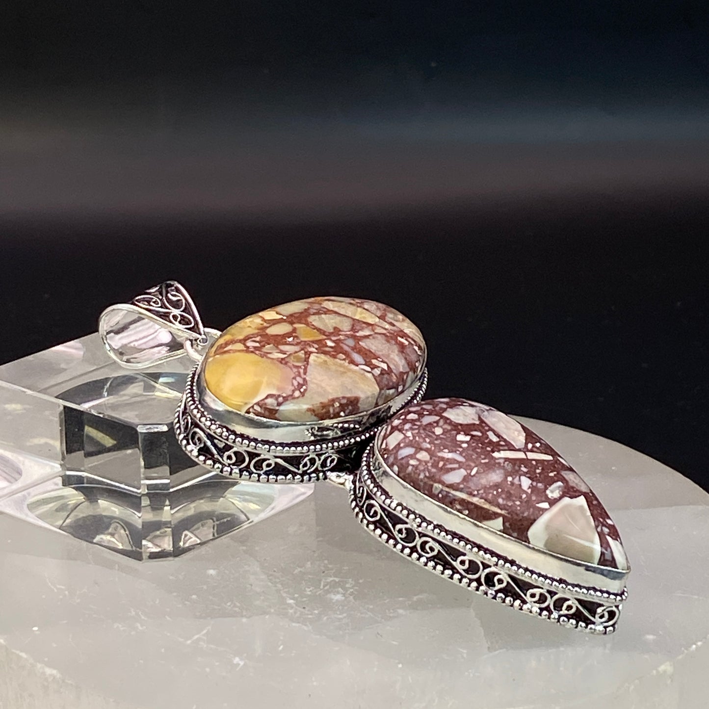 .925 Sterling Silver Brecciated Mookaite Jasper Pendant - HUGE!