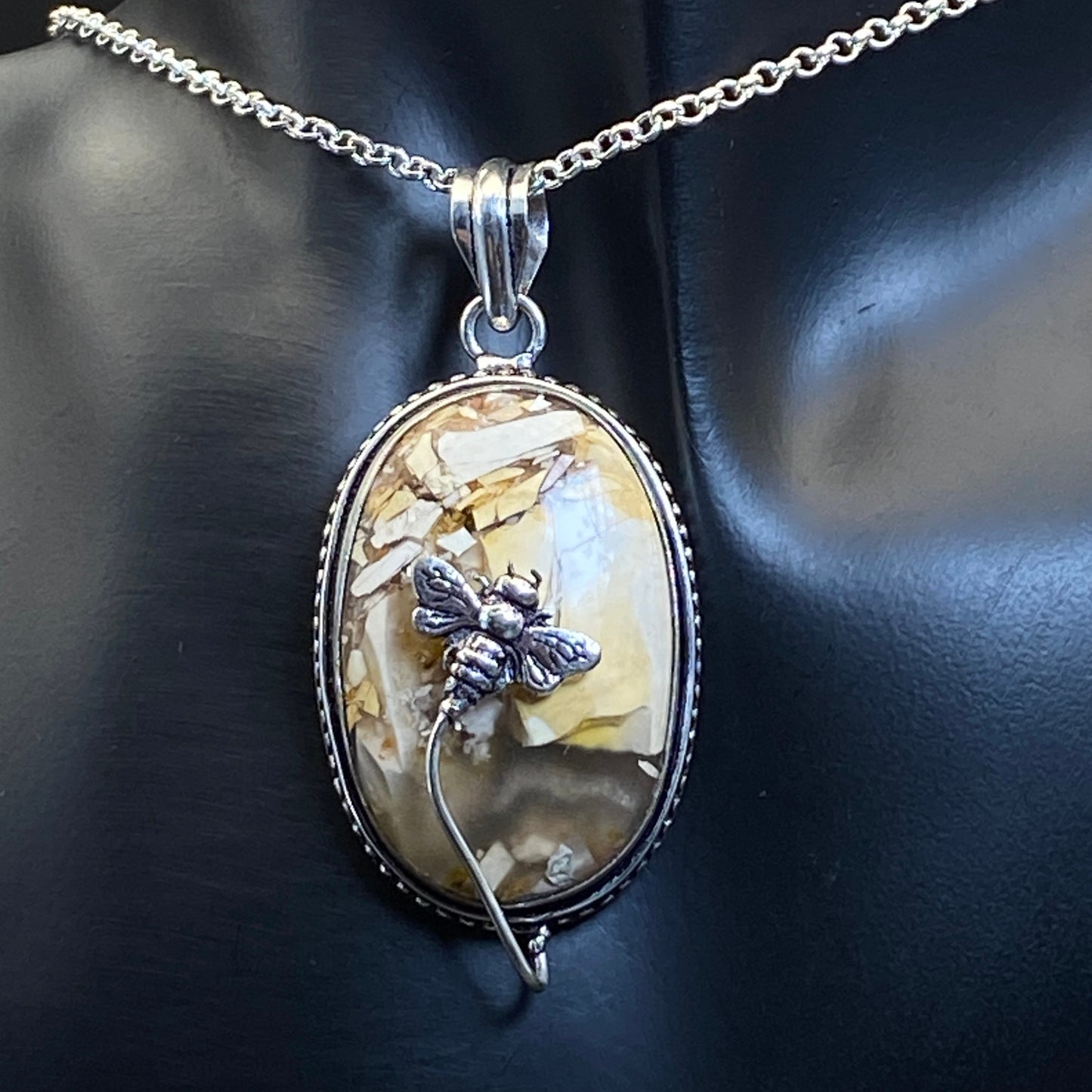 .925 Sterling Silver Brecciated Mookaite Jasper with Quartz Oval Bee Pendant