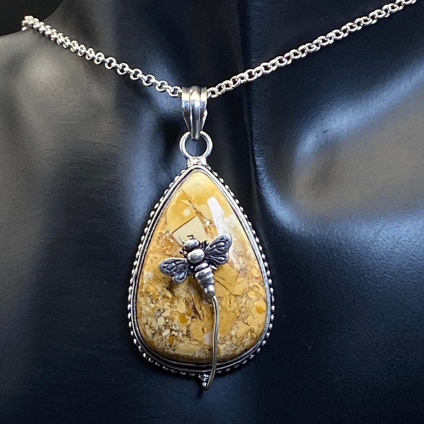 .925 Sterling Silver Brecciated Mookaite Jasper Teardrop Bee Pendant