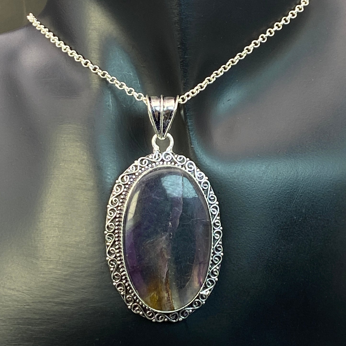 .925 Sterling Silver Candy Fluorite Oval Pendant #1 - Large
