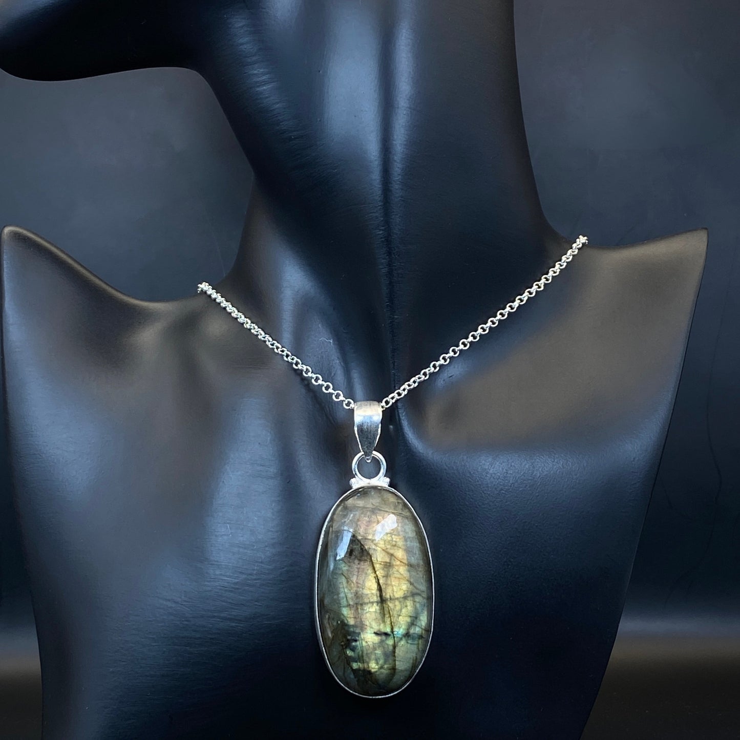 .925 Sterling Silver Labradorite Oval Pendant - Large