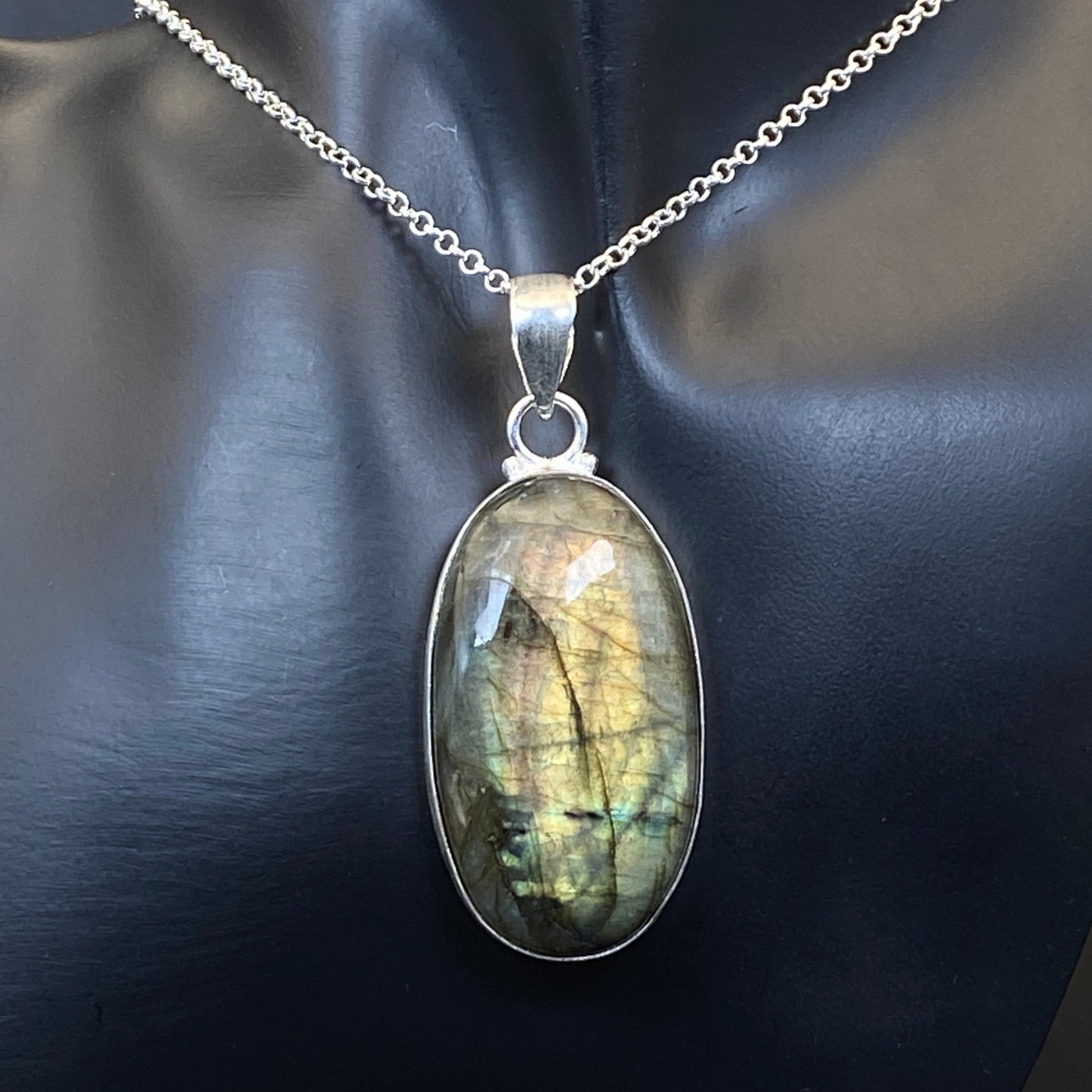 .925 Sterling Silver Labradorite Oval Pendant - Large