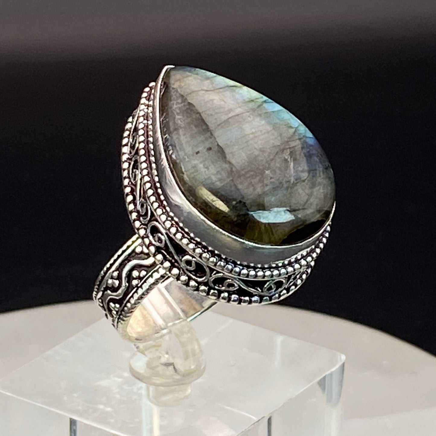 .925 Sterling Silver Labradorite Teardrop Ring - Size 9