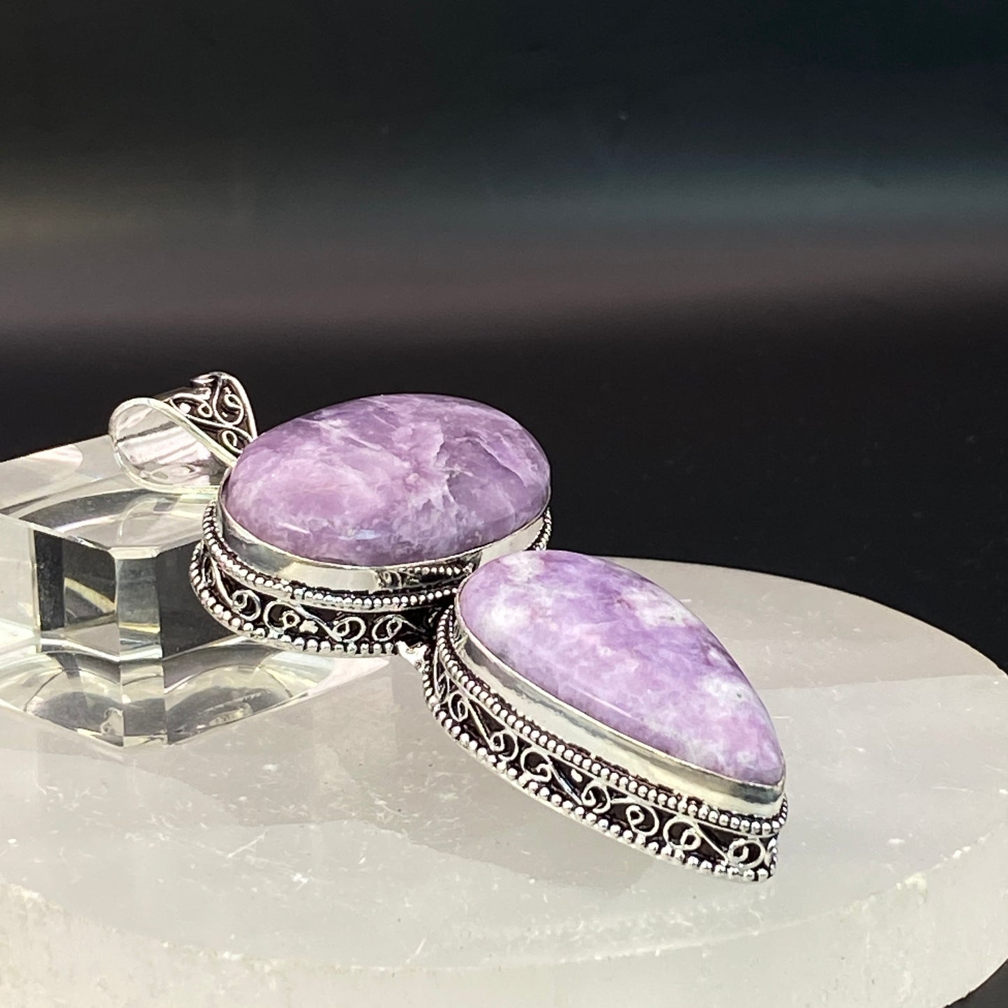 .925 Sterling Silver Lepidolite Pendant - HUGE!