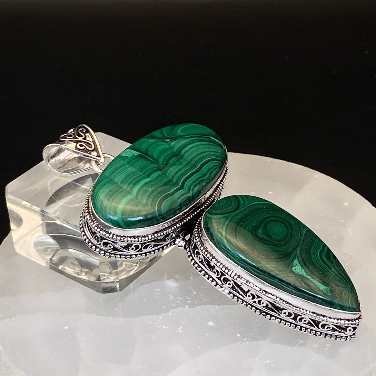 .925 Sterling Silver Malachite Pendant - HUGE!