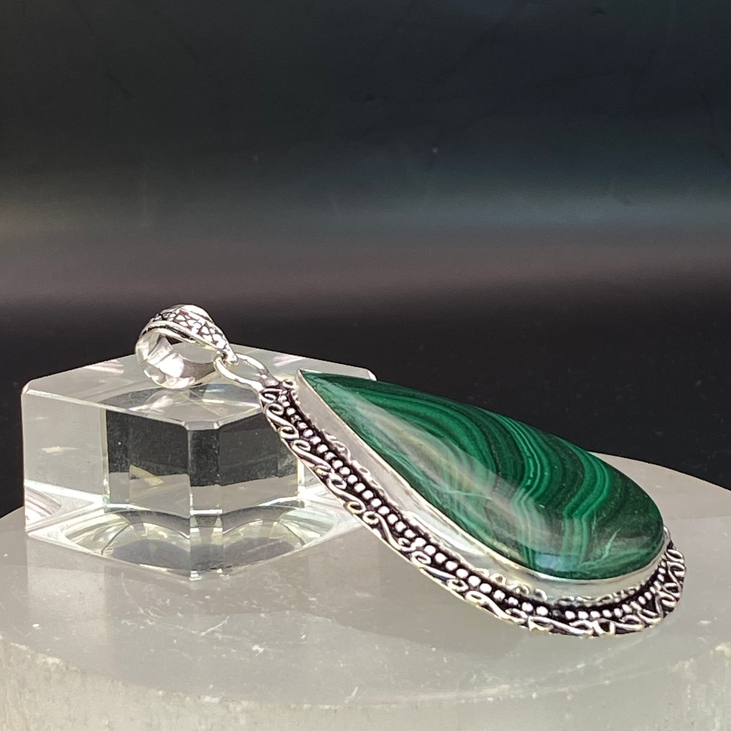 .925 Sterling Silver Malachite Teardrop Pendant #3 - HUGE!