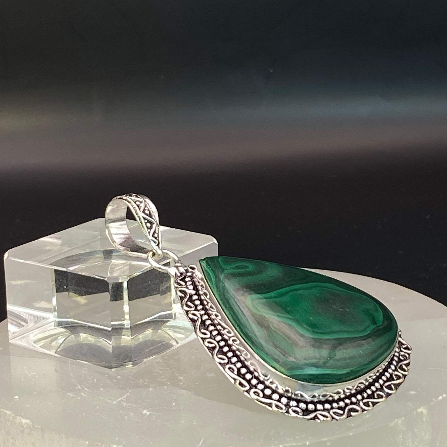 .925 Sterling Silver Malachite Teardrop Pendant #4 - HUGE!