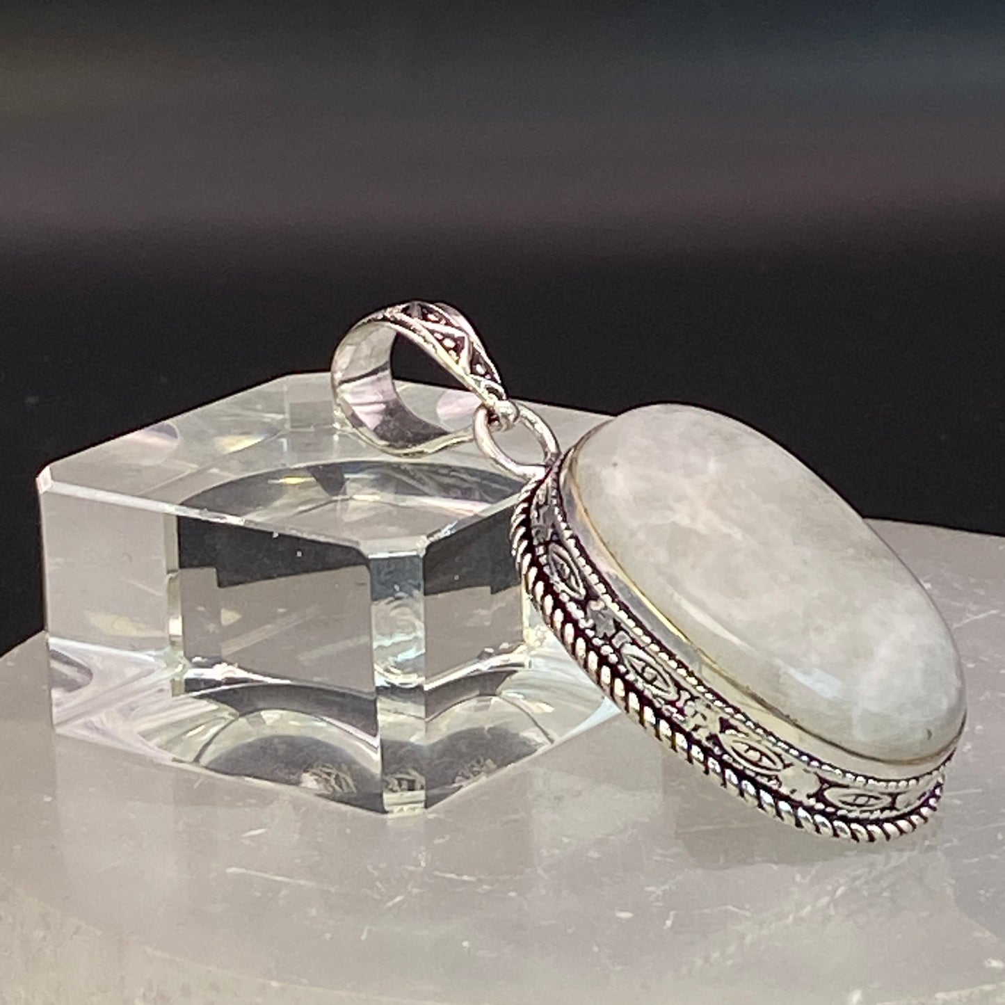 .925 Sterling Silver Rainbow Moonstone Oval Pendant #4