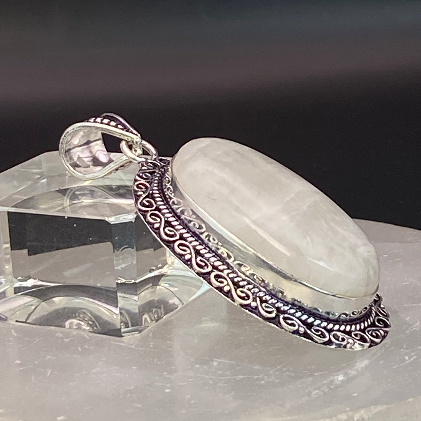 .925 Sterling Silver Rainbow Moonstone Oval Pendant #6