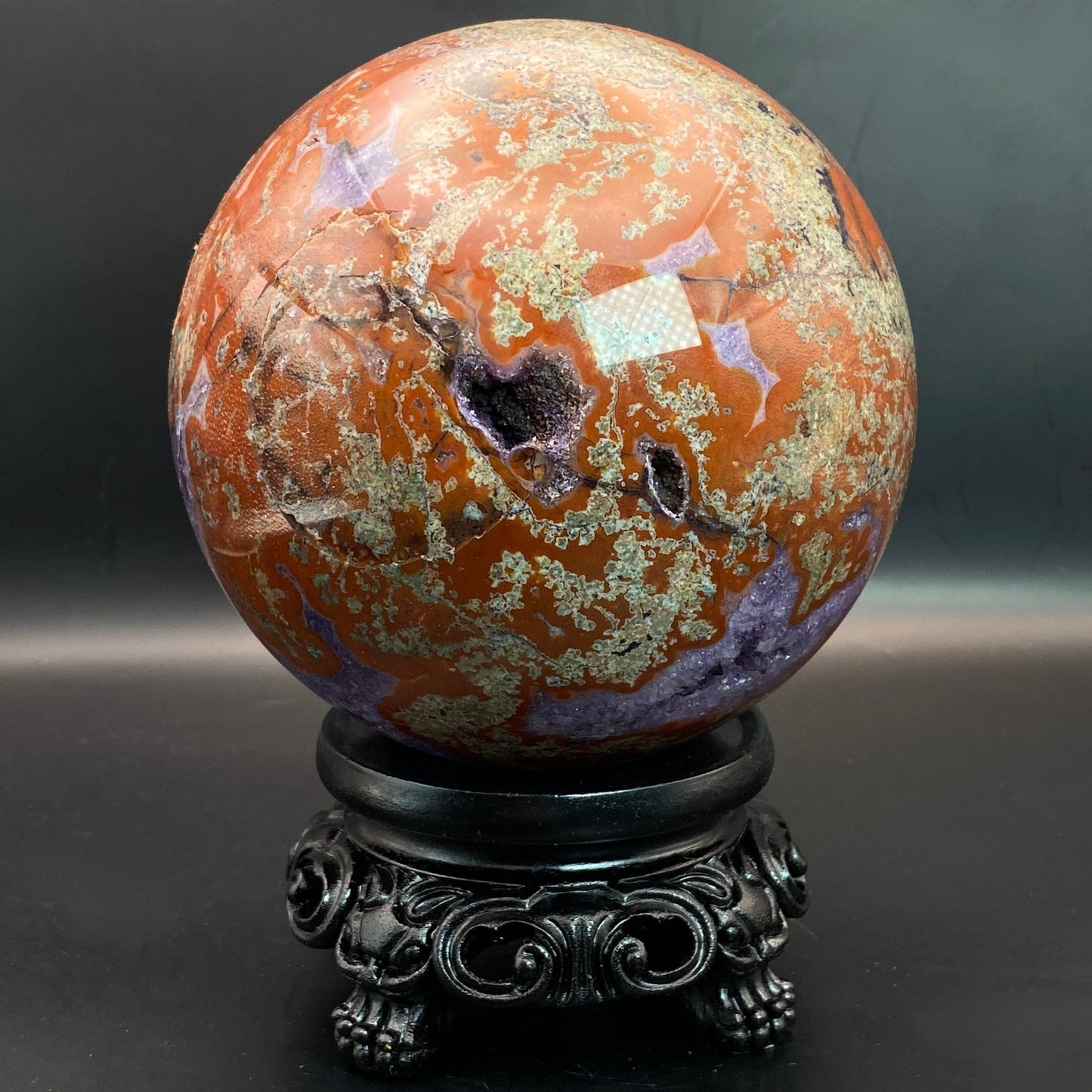 HUGE Red Moss Agate with Amethyst Sphere - FREE Stand!