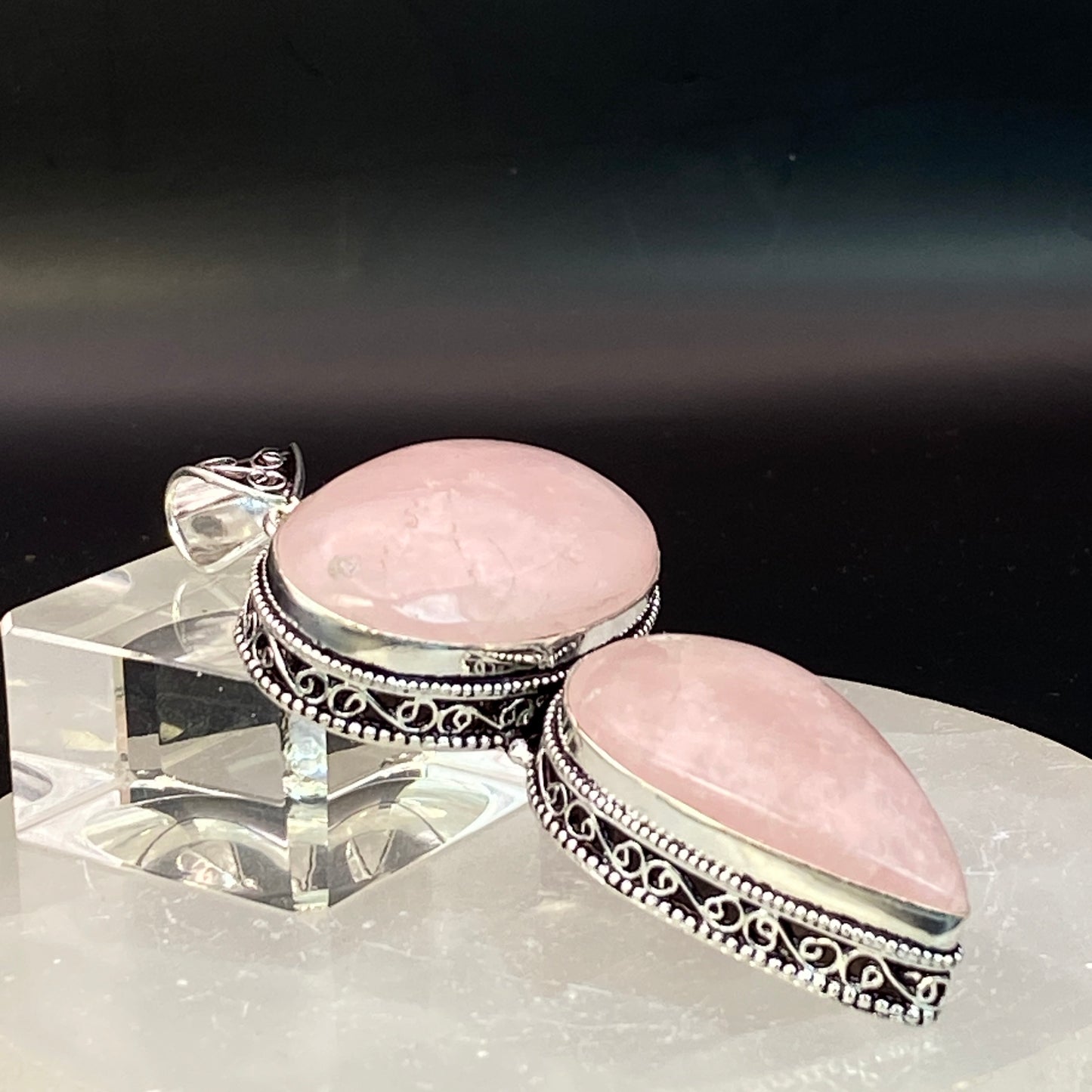 .925 Sterling Silver Rose Quartz Pendant - HUGE!