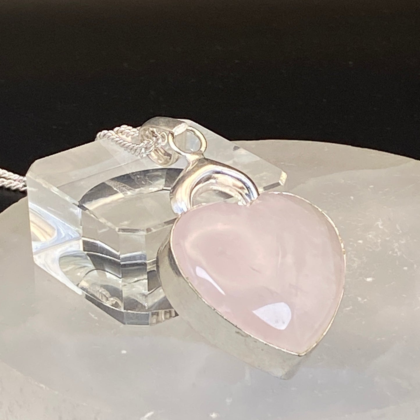 .925 Sterling Silver Rose Quartz Heart/Moon Pendant