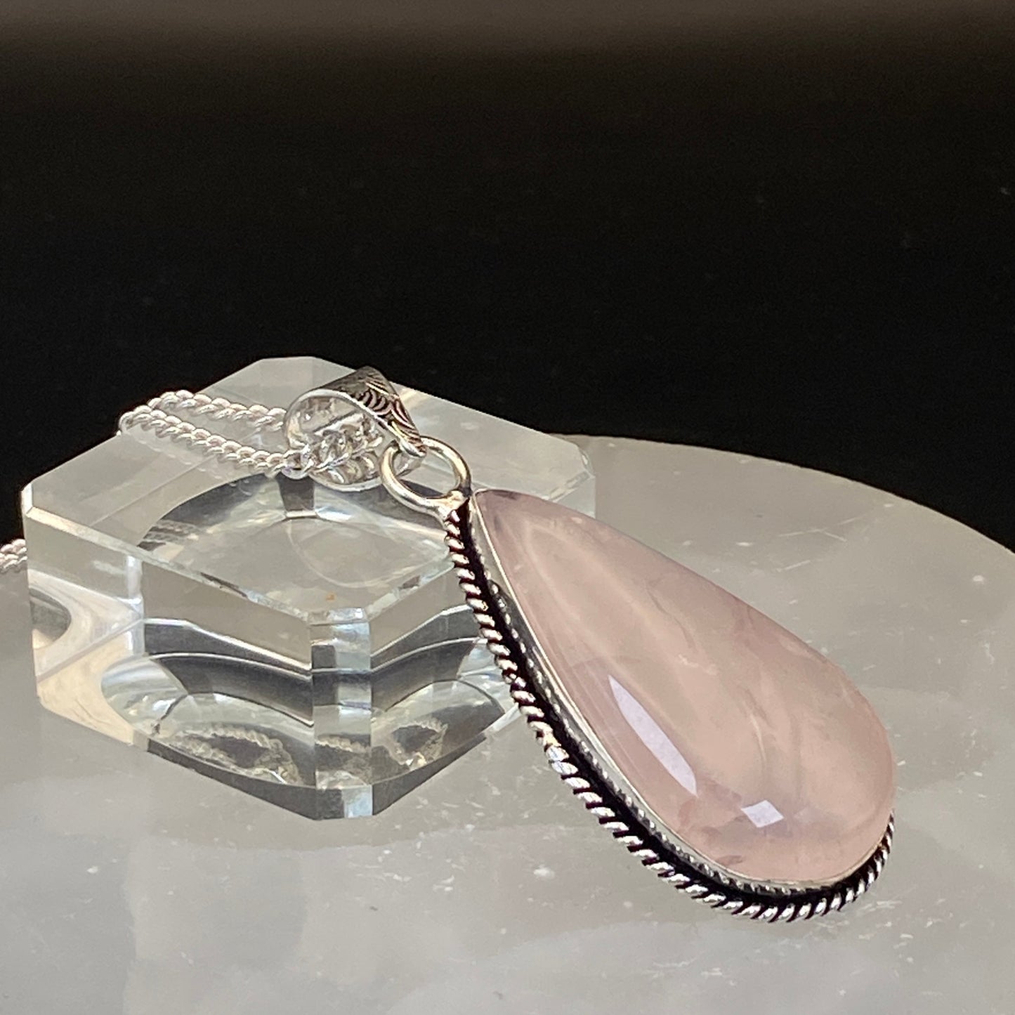 .925 Sterling Silver Rose Quartz Teardrop Pendant #4