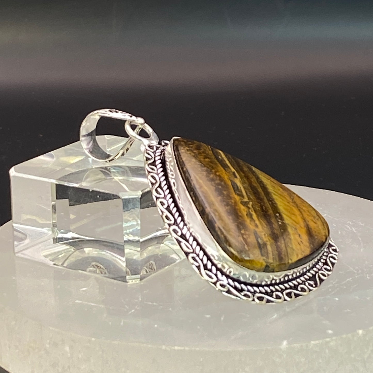 .925 Sterling Silver Tiger's Eye Teardrop Pendant