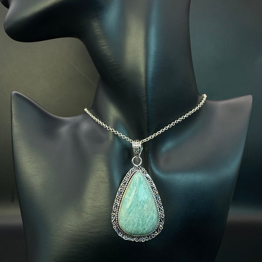 .925 Sterling Silver Amazonite Teardrop Pendant