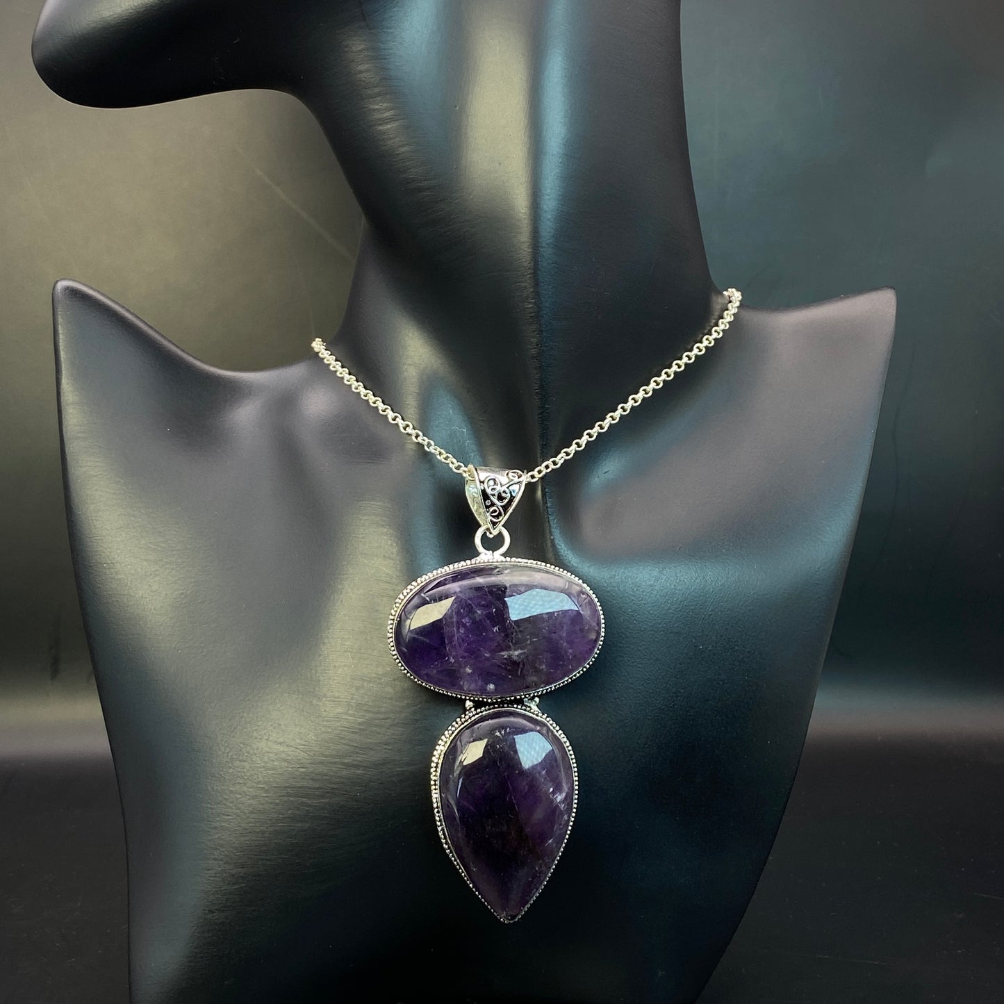 .925 Sterling Silver Amethyst Pendant - HUGE!