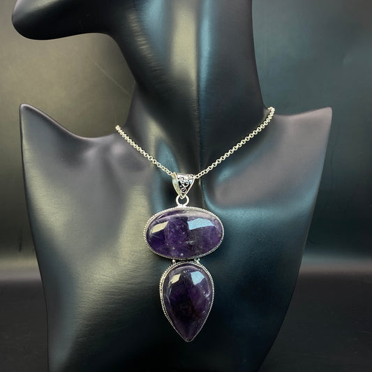 .925 Sterling Silver Amethyst Pendant - HUGE!