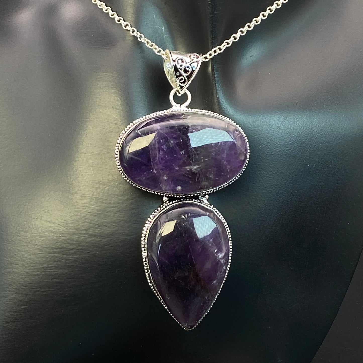 .925 Sterling Silver Amethyst Pendant - HUGE!