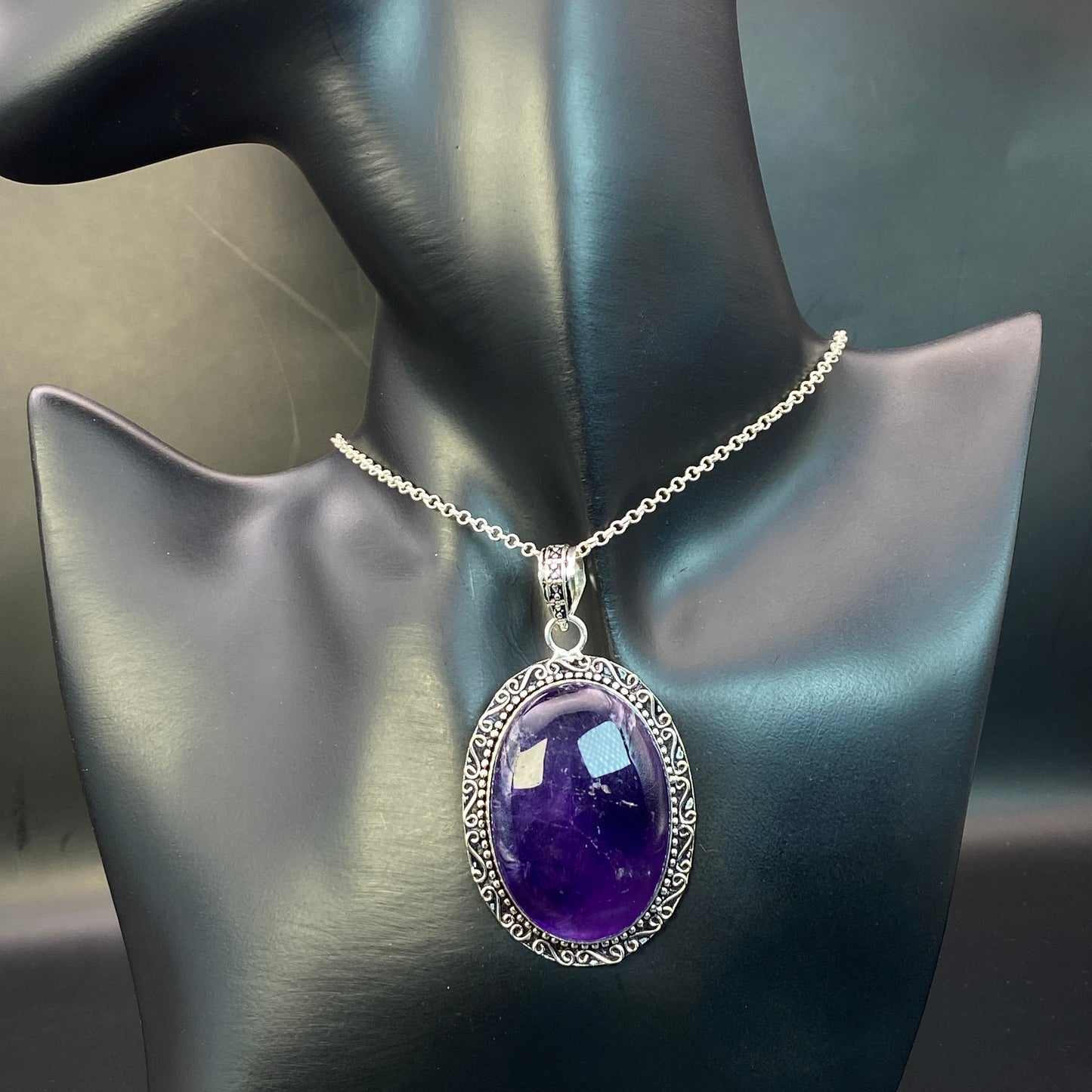 .925 Sterling Silver Amethyst Oval Pendant - Large
