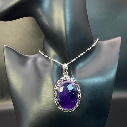 .925 Sterling Silver Amethyst Oval Pendant - Large