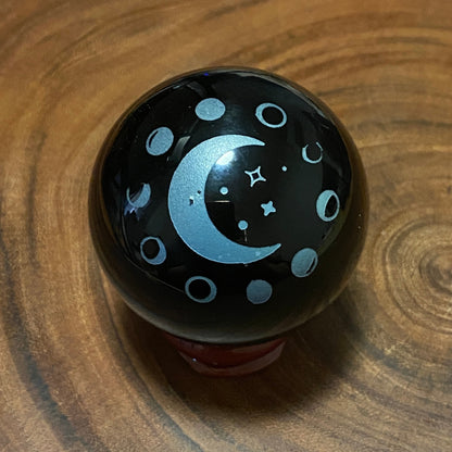 Black Obsidian Etched Sphere - Moon Cycle