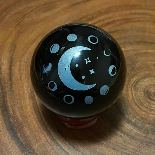 Black Obsidian Etched Sphere - Moon Cycle