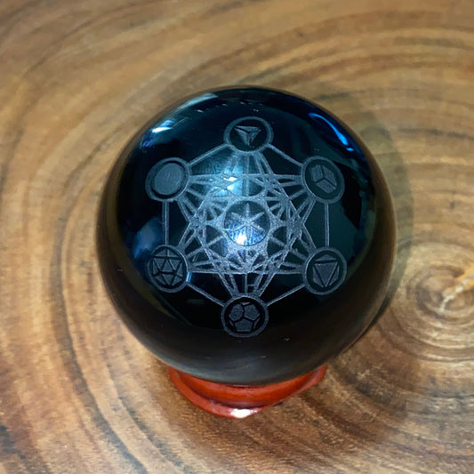 Black Obsidian Etched Sphere - Sacred Geometry