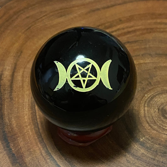 Black Obsidian Etched Sphere - Triple Moon/Pentacle