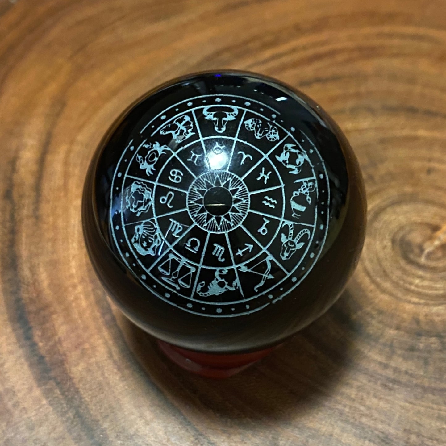 Black Obsidian Etched Sphere - Zodiac Wheel