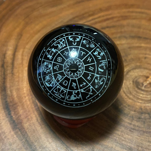 Black Obsidian Etched Sphere - Zodiac Wheel