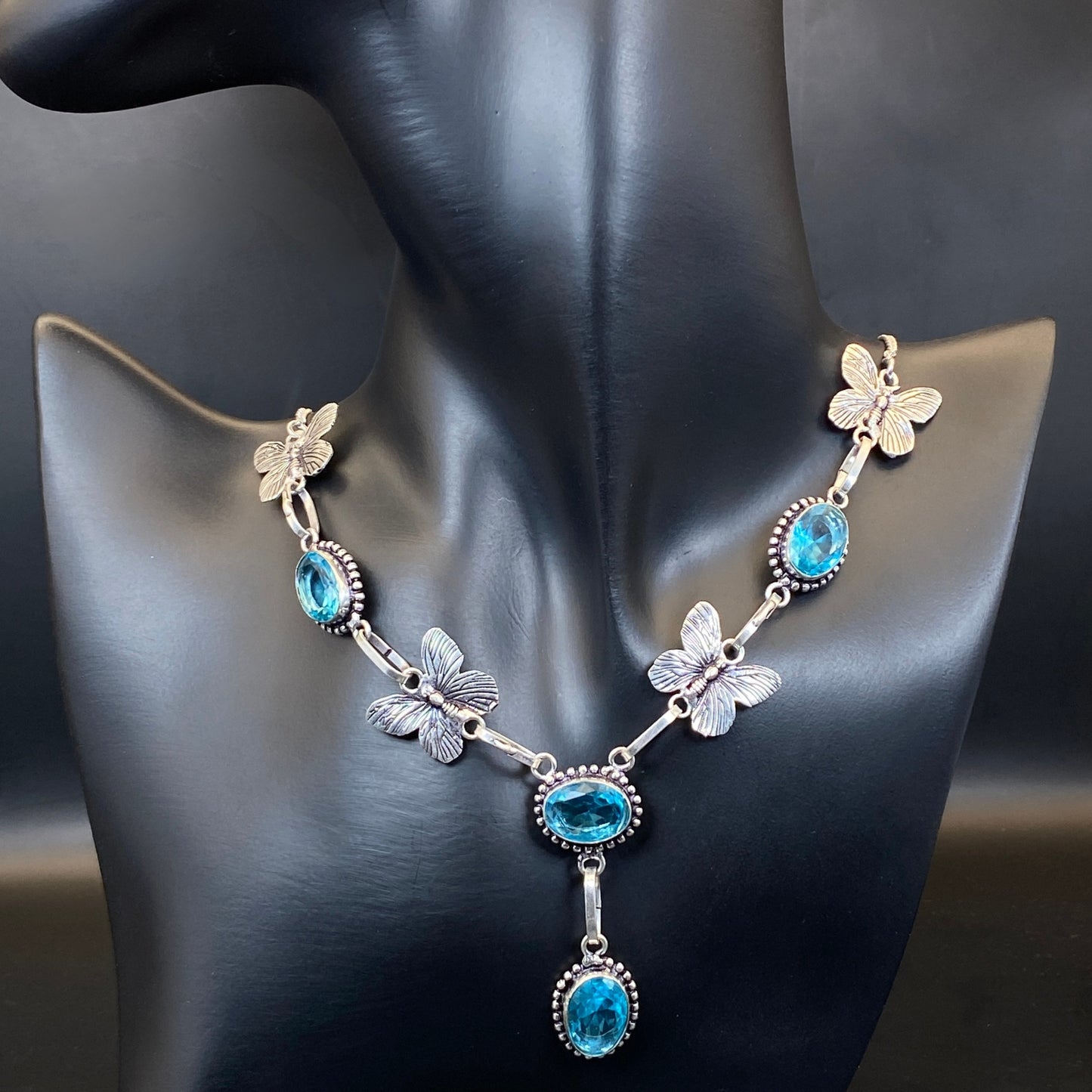 .925 Sterling Silver Swiss Blue Topaz Butterfly Necklace - 54cm