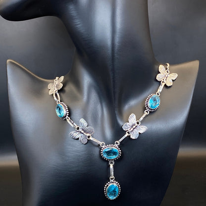 .925 Sterling Silver Swiss Blue Topaz Butterfly Necklace - 54cm
