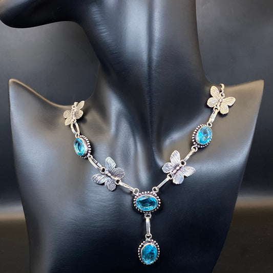.925 Sterling Silver Swiss Blue Topaz Butterfly Necklace - 54cm