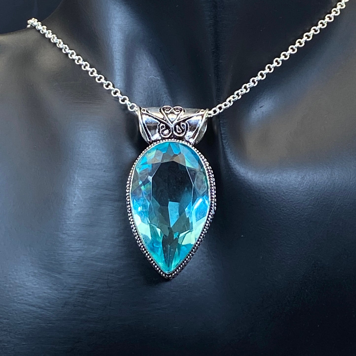 .925 Sterling Silver Swiss Blue Topaz Teardrop Pendant #2