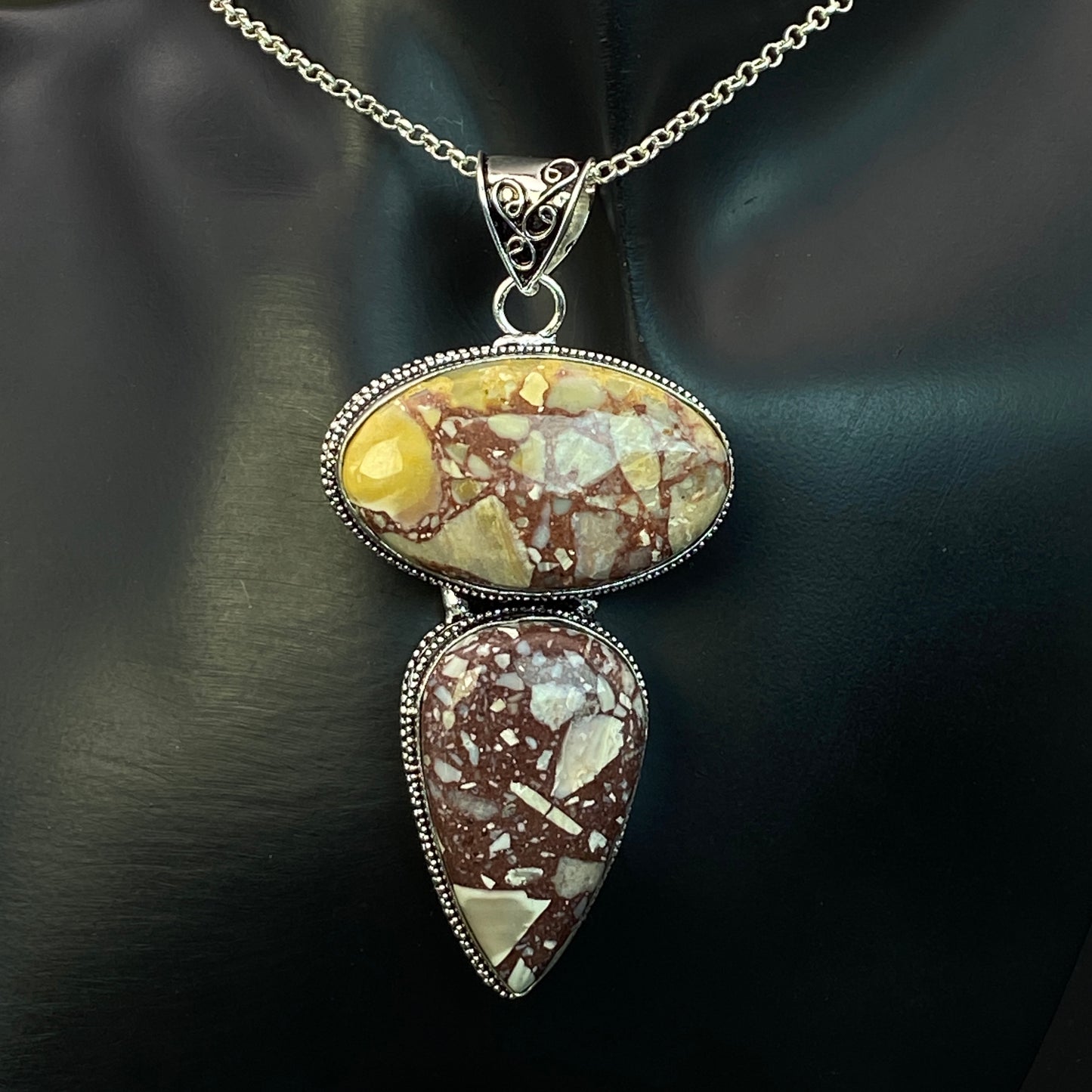 .925 Sterling Silver Brecciated Mookaite Jasper Pendant - HUGE!