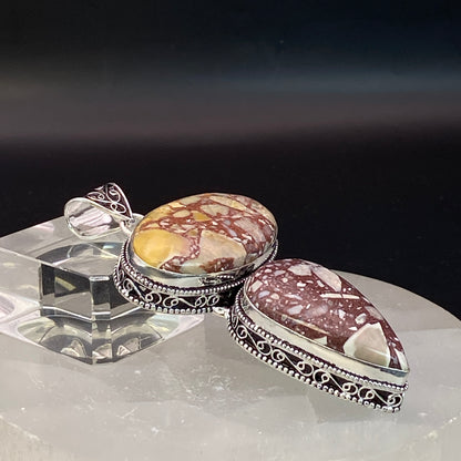 .925 Sterling Silver Brecciated Mookaite Jasper Pendant - HUGE!
