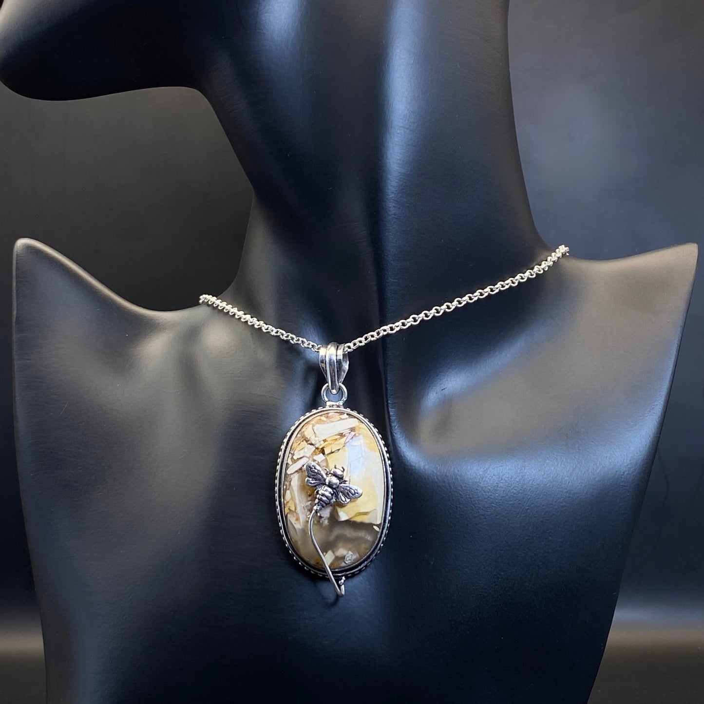 .925 Sterling Silver Brecciated Mookaite Jasper with Quartz Oval Bee Pendant