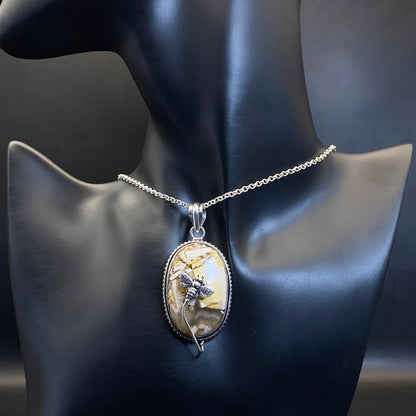 .925 Sterling Silver Brecciated Mookaite Jasper with Quartz Oval Bee Pendant