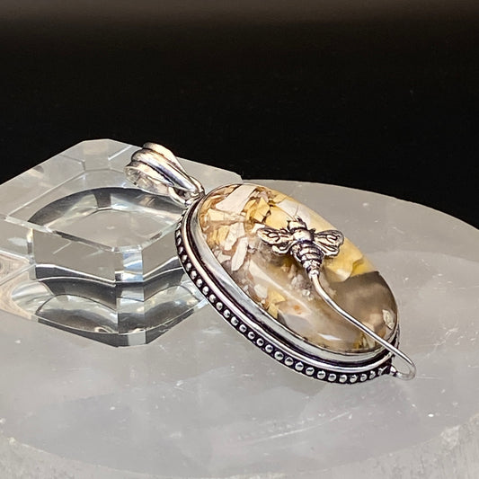 .925 Sterling Silver Brecciated Mookaite Jasper with Quartz Oval Bee Pendant