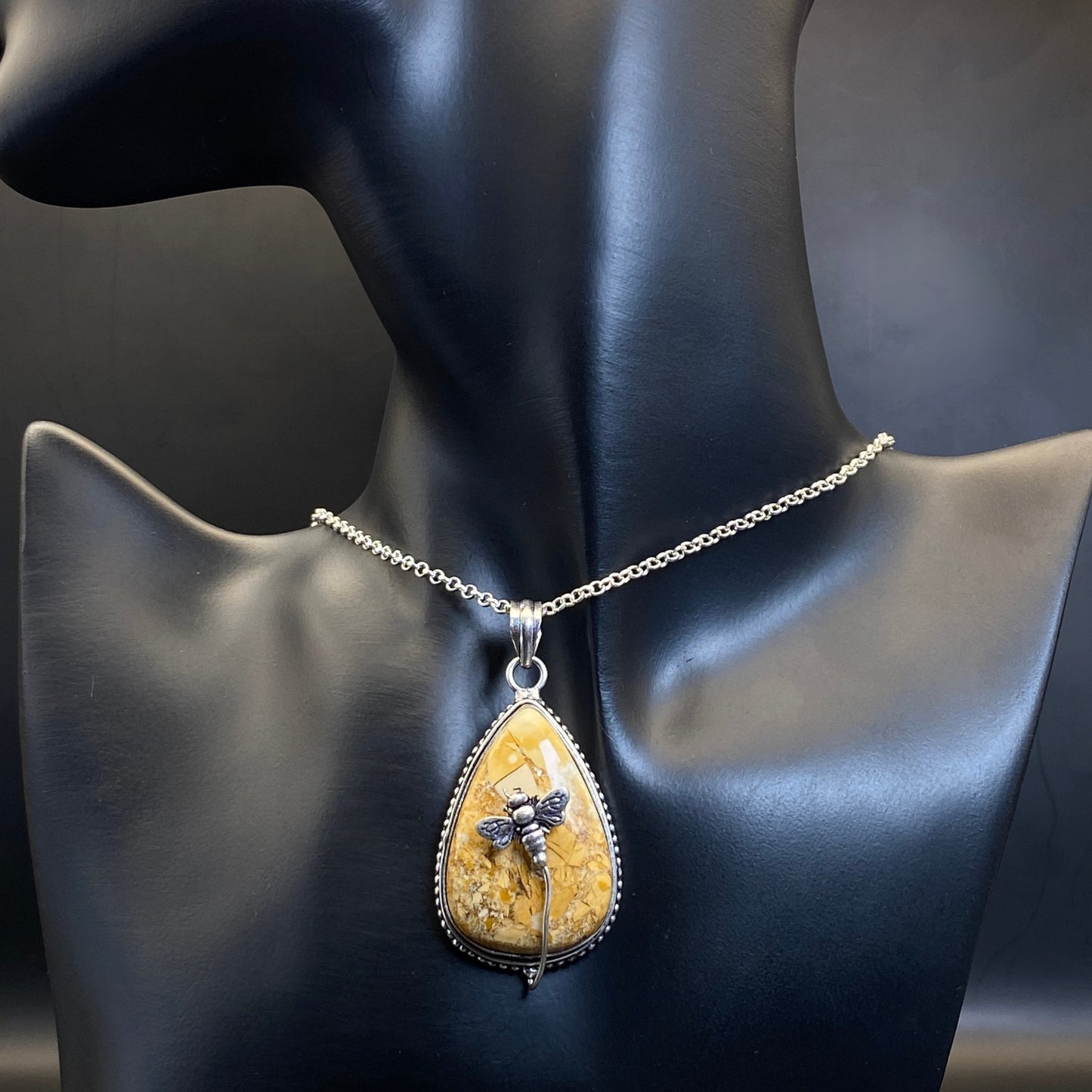 .925 Sterling Silver Brecciated Mookaite Jasper Teardrop Bee Pendant