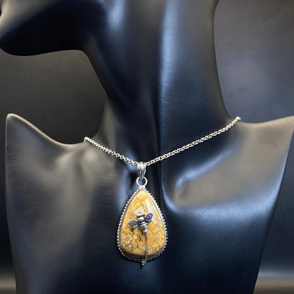 .925 Sterling Silver Brecciated Mookaite Jasper Teardrop Bee Pendant