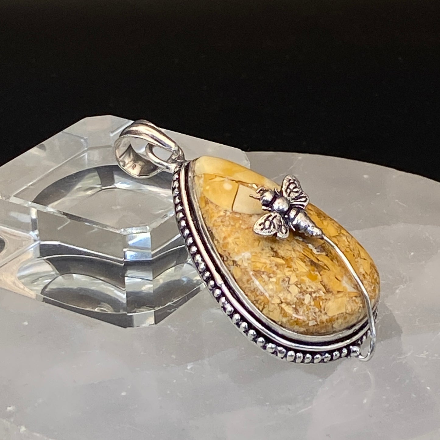 .925 Sterling Silver Brecciated Mookaite Jasper Teardrop Bee Pendant