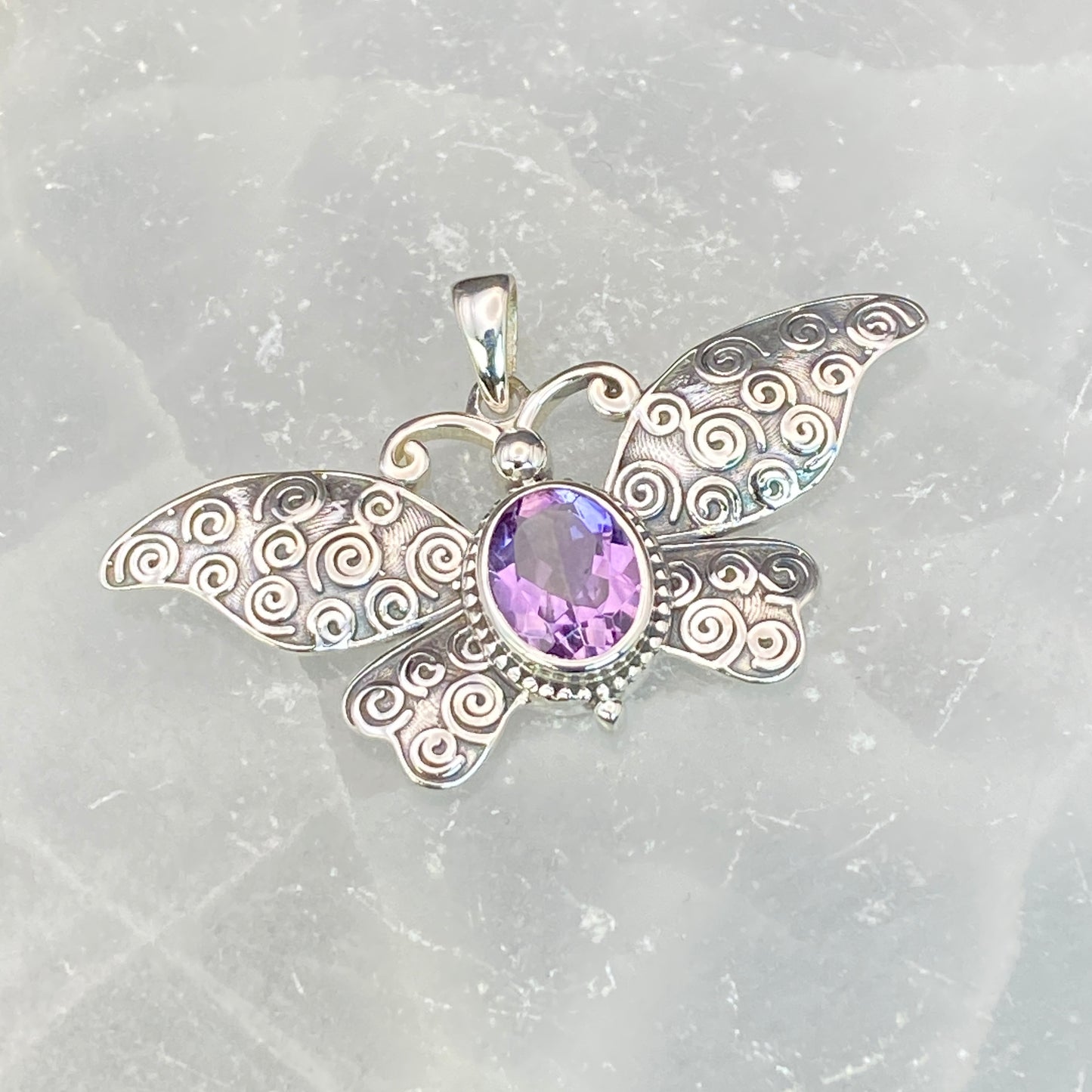 .925 Sterling Silver Amethyst Butterfly Pendant