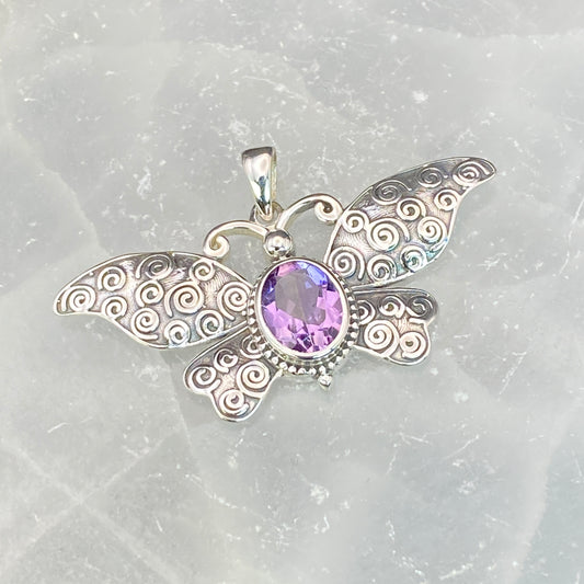 .925 Sterling Silver Amethyst Butterfly Pendant