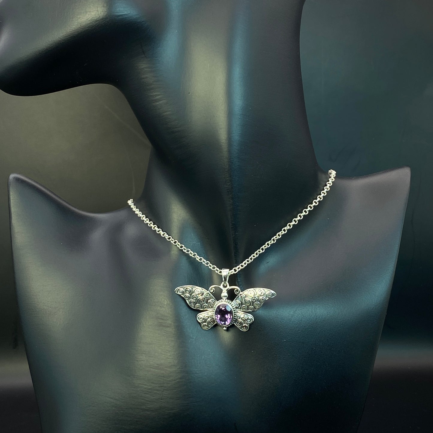 .925 Sterling Silver Amethyst Butterfly Pendant