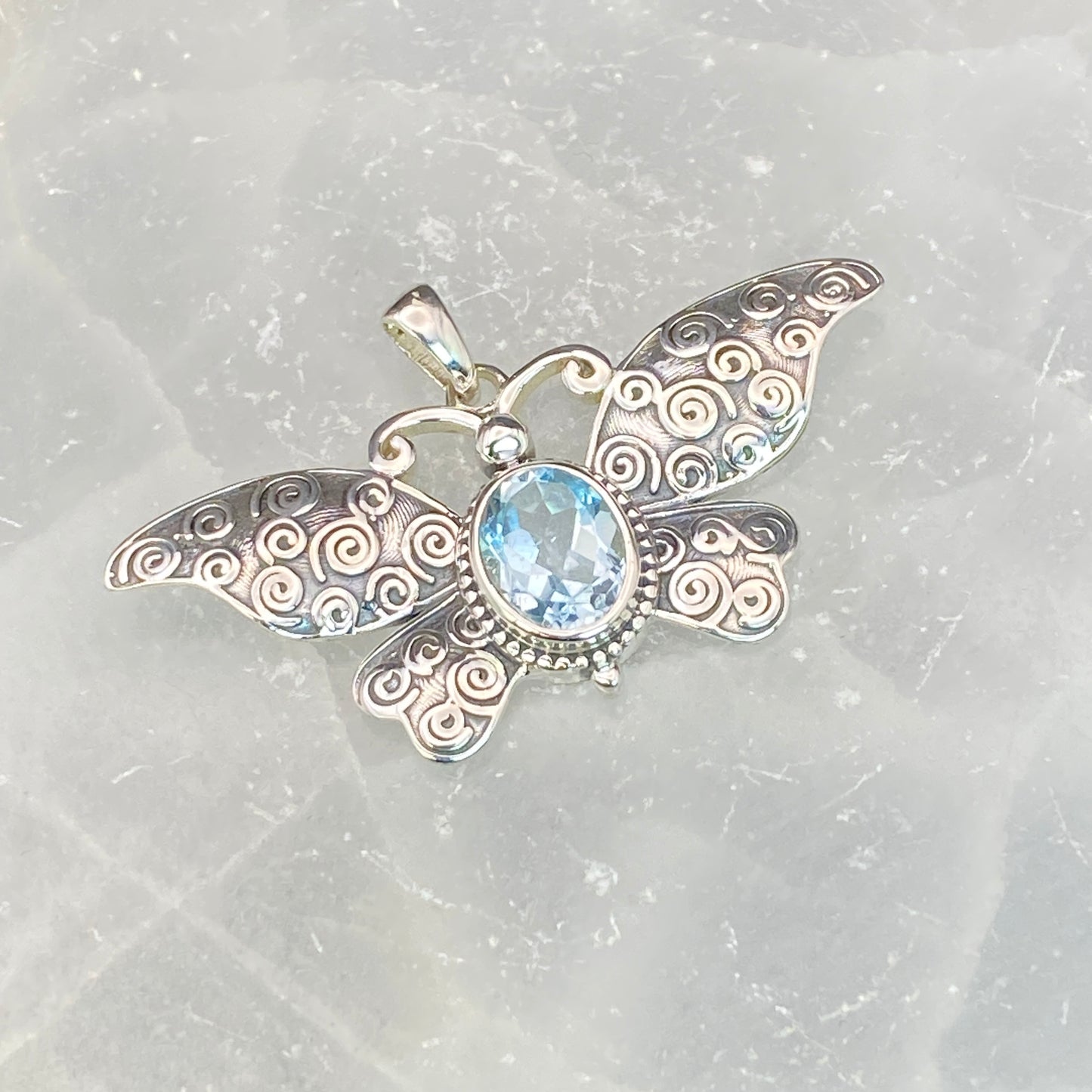 .925 Sterling Silver Blue Topaz Butterfly Pendant