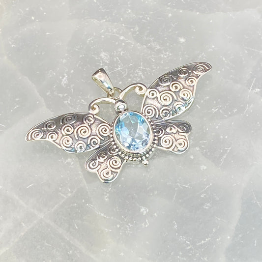 .925 Sterling Silver Blue Topaz Butterfly Pendant