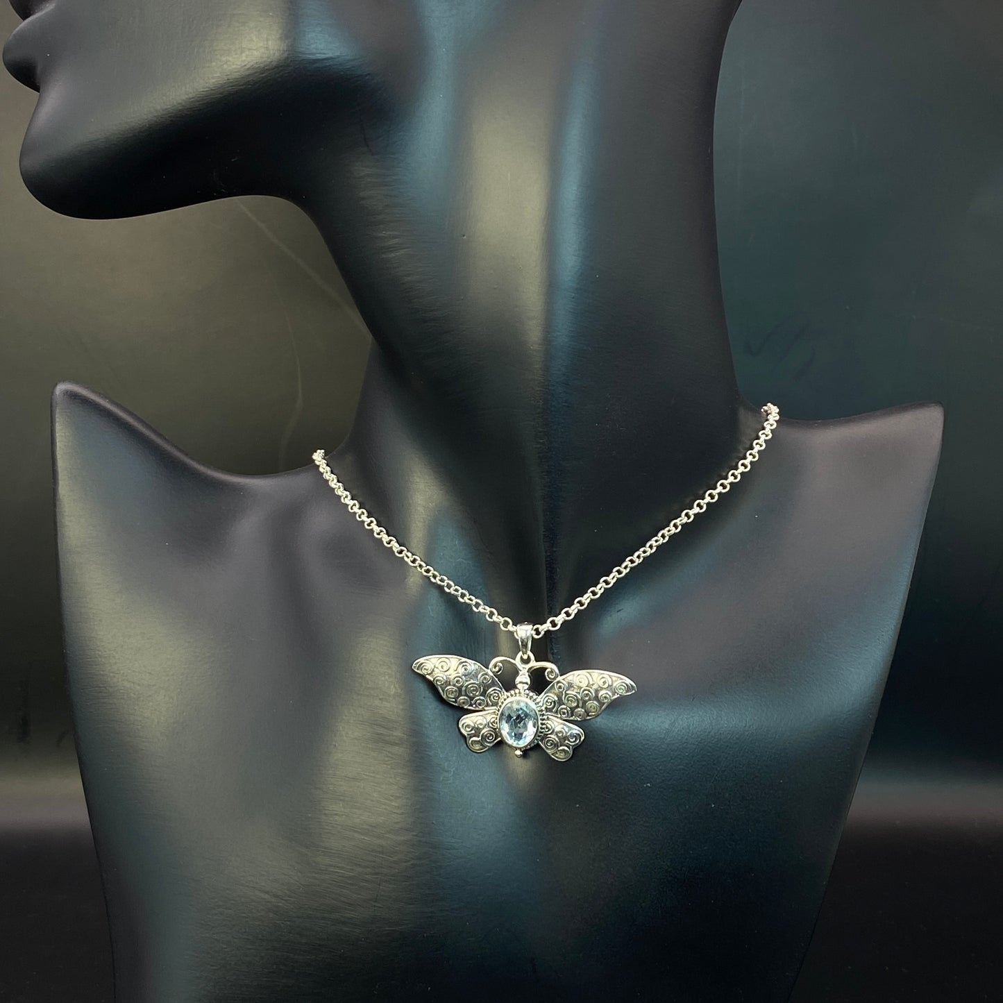 .925 Sterling Silver Blue Topaz Butterfly Pendant