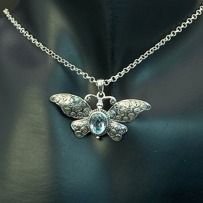 .925 Sterling Silver Blue Topaz Butterfly Pendant